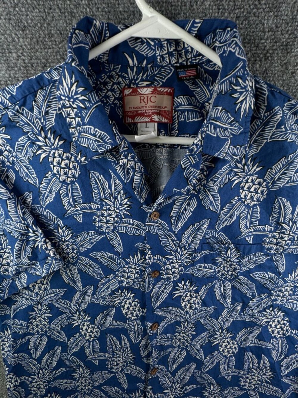 RJC Hawaii USA Short Sleeve Button Up Shirt Floral Blue Camp Cotton Men Adult